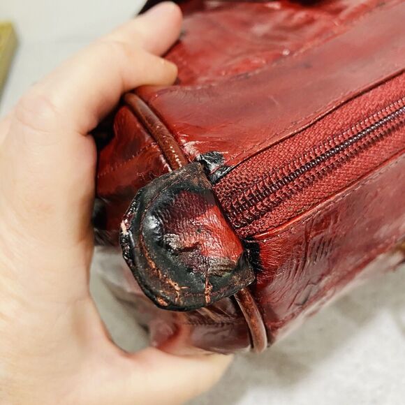 Vintage Red Eel Skin Leather Double Handle Satchel & Shoulderbag Purse Korea - Picture 6 of 12